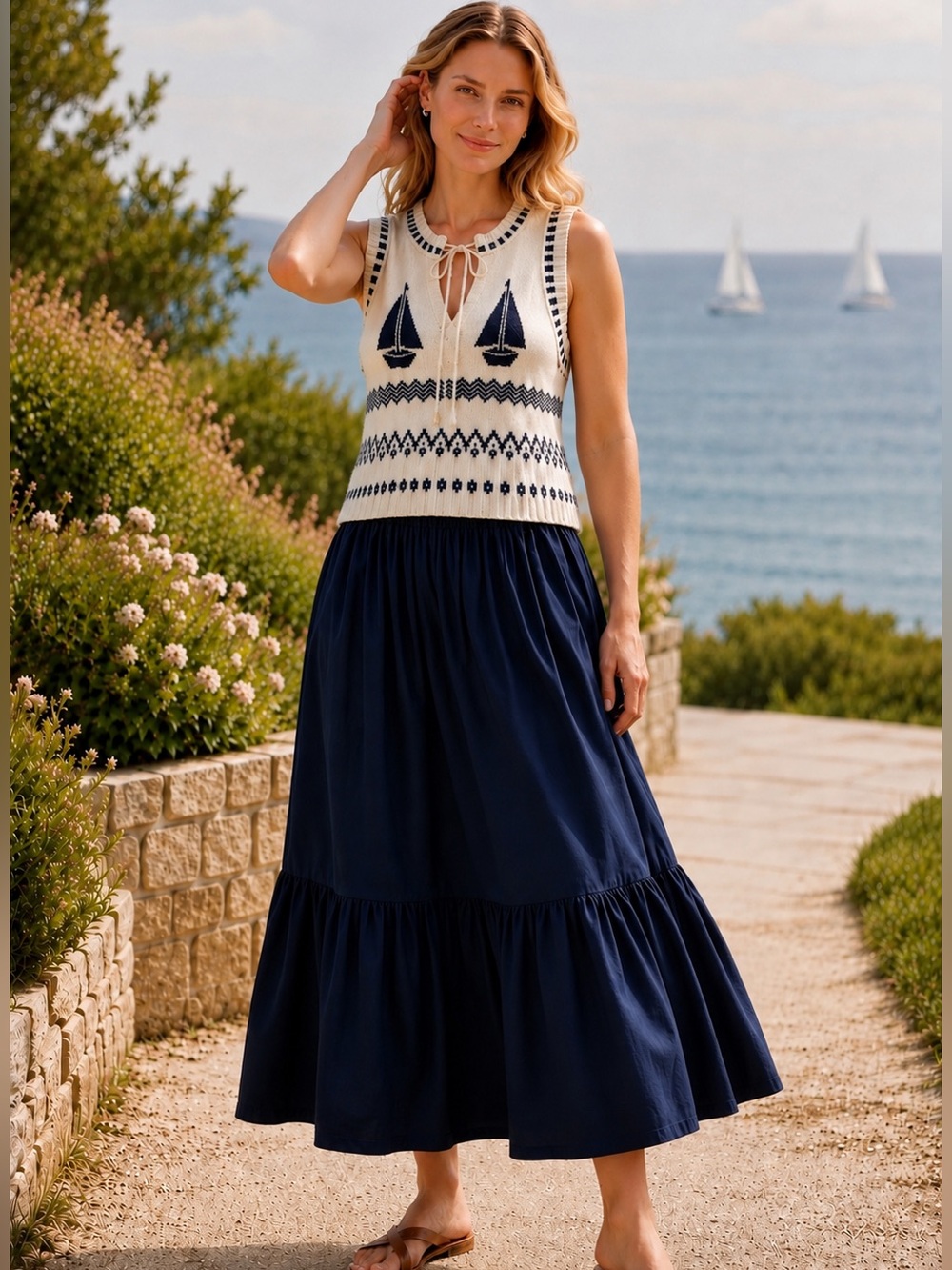 Moon River Sailboat Sweater Maxi Dress Navy Cream Tie Neck Coastal Nautical M